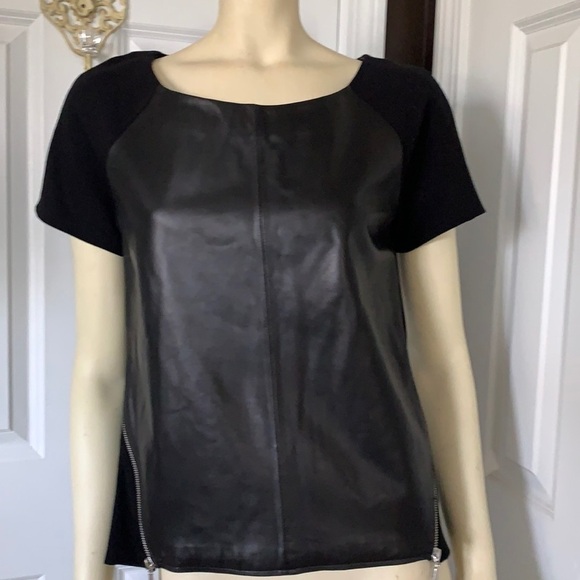𝅺REBECCA Minkoff Black Leather Front Short Sleeve Blouse T-Shirt Small - Picture 1 of 9